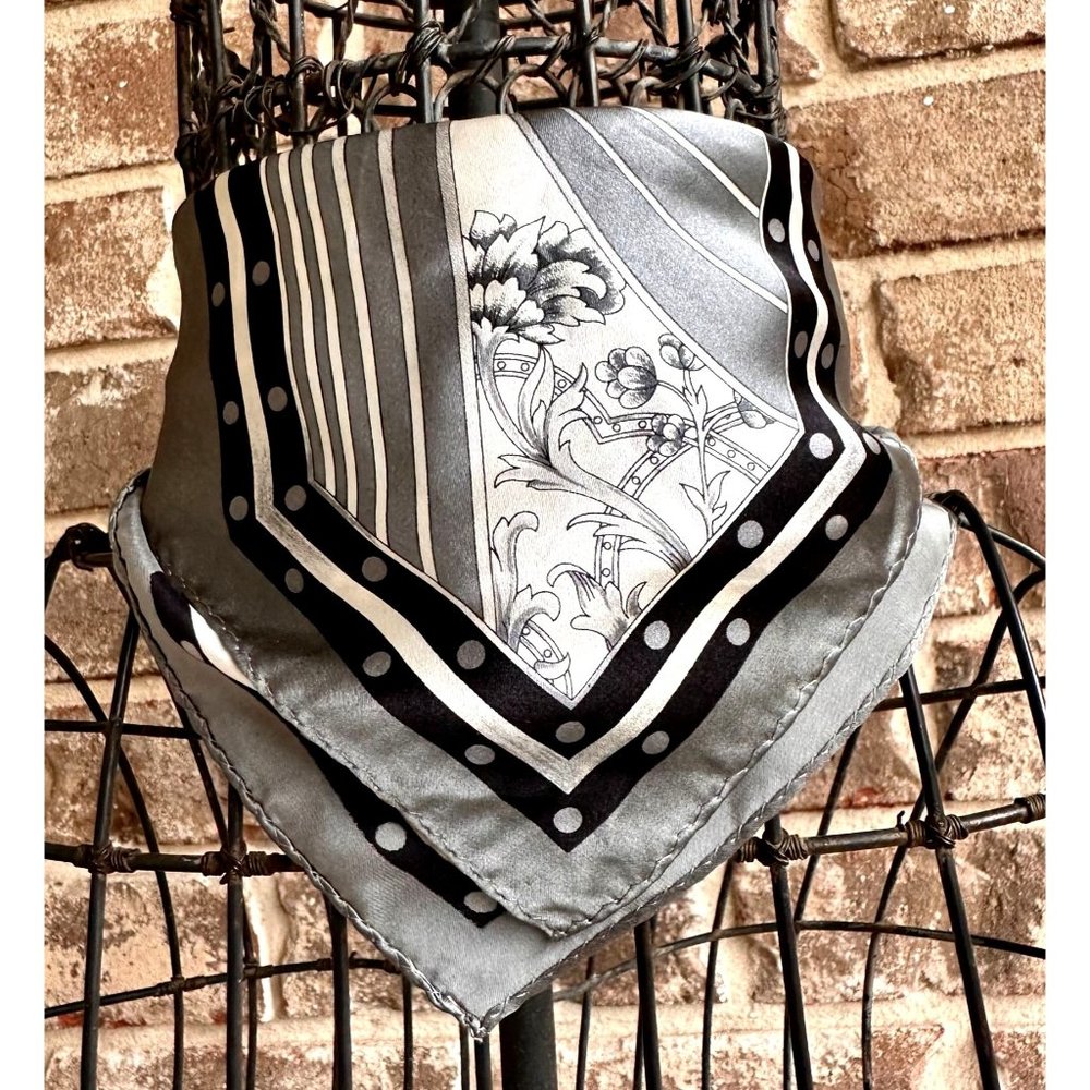 Vintage Neck Scarf Silver Black Floral Art Deco Hand Rolled Hem Korea Co…